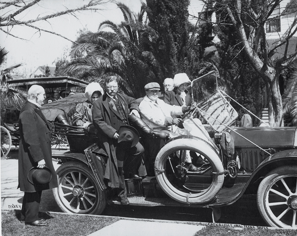 Theodore Roosevelt in a car with John Casper Branner and Jordan