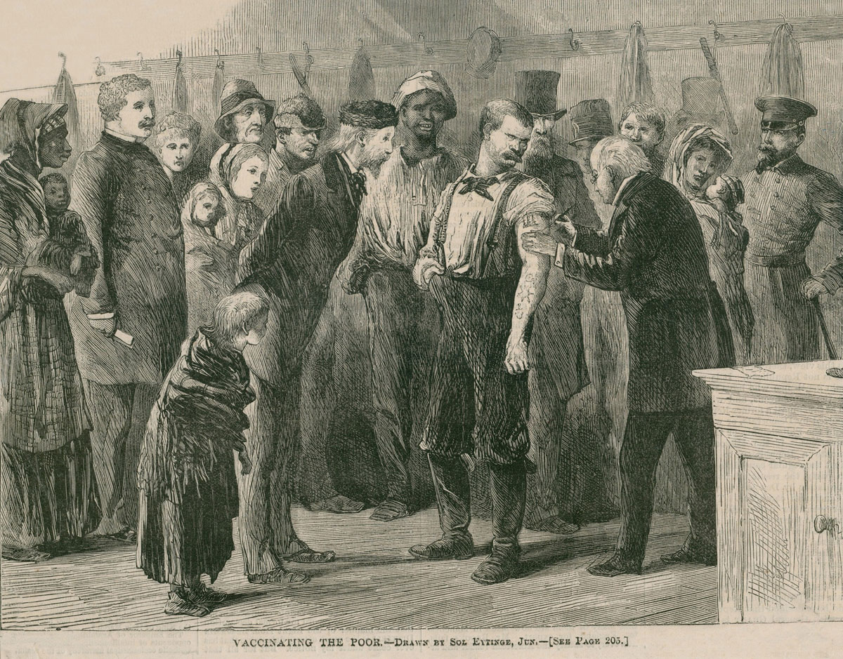 Archival illustration of a doctor vaccinating the poor in New York City against smallpox.