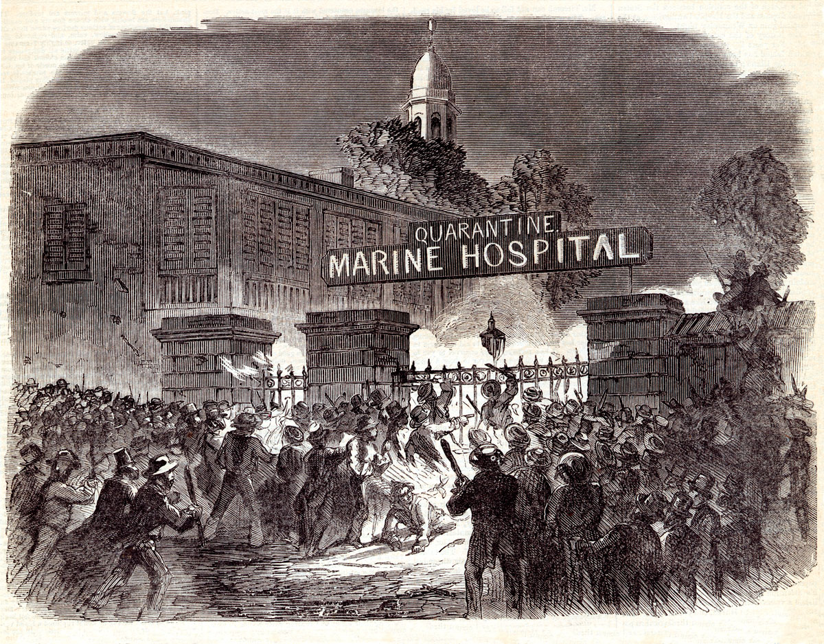 An archival illustration of a mob of men outside a hospital.
