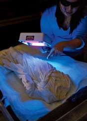 Nguyen waves a black light over a wrapped statue.