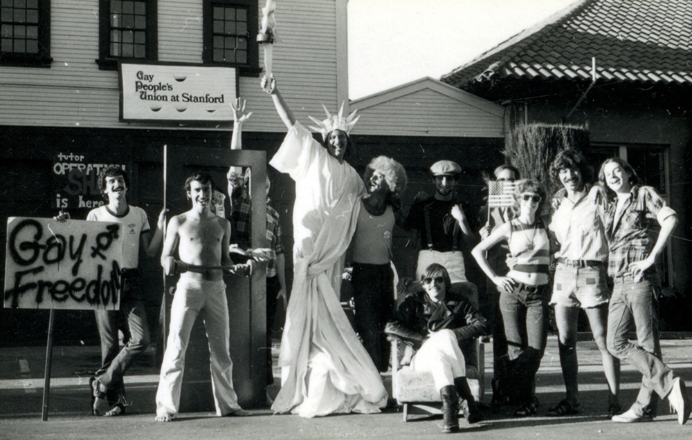 A group of people outside the Gay People's Union at Stanford in 1974.