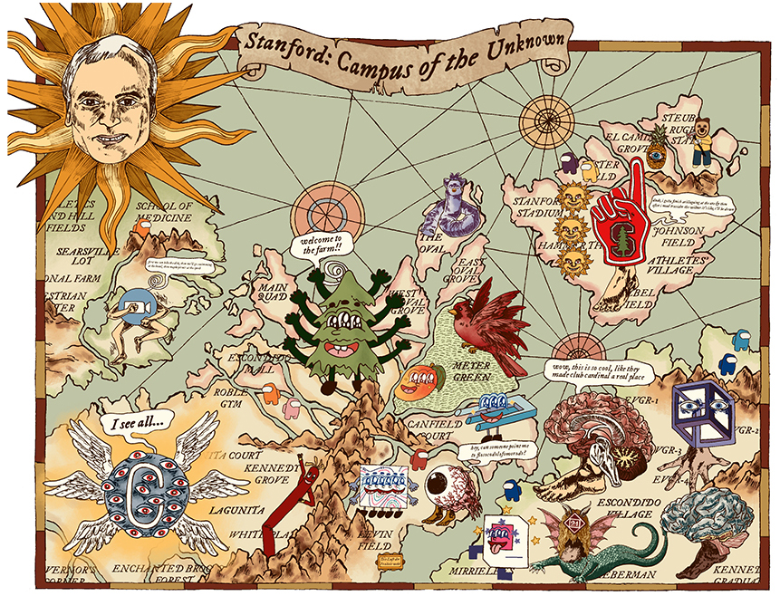 Campus map featuring animated creatures and other Stanford symbols