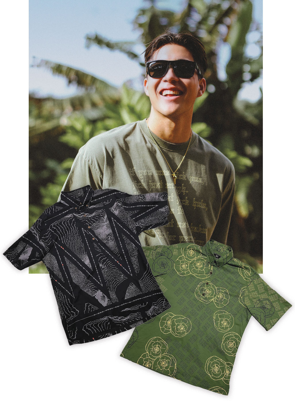 Portrait of Koloikeao Anthony and two shirts he designed