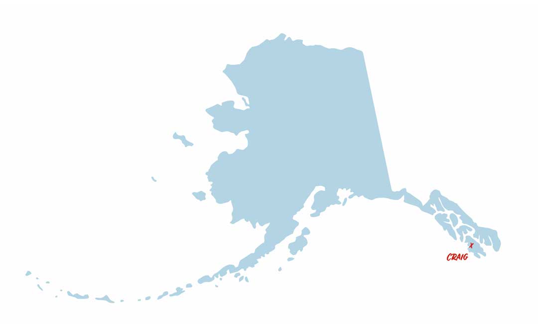 A map of Alaska with Craig in the southeast corner..