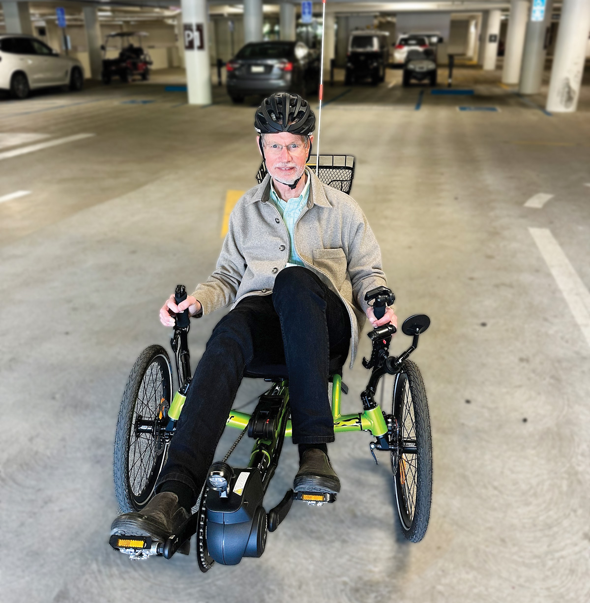 Krehbiel on his recumbent bicycle.