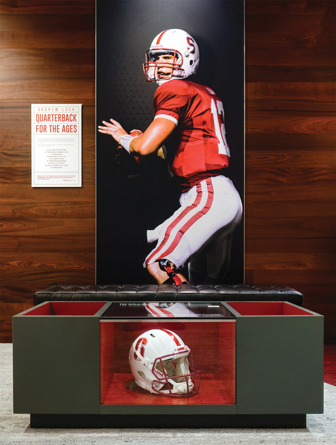 The display honoring Luck, including a large phot of him as quarterback and his Stanford helmet encased in glass.