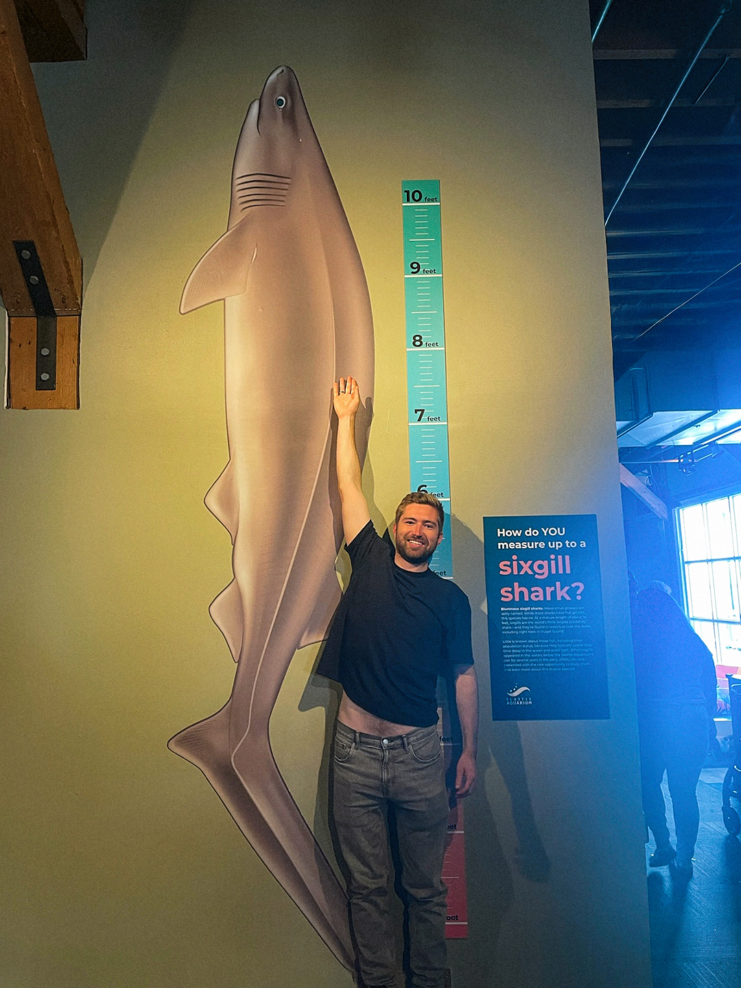 Max Arsenault measuring himself next to a drawing of a sixgill shark.