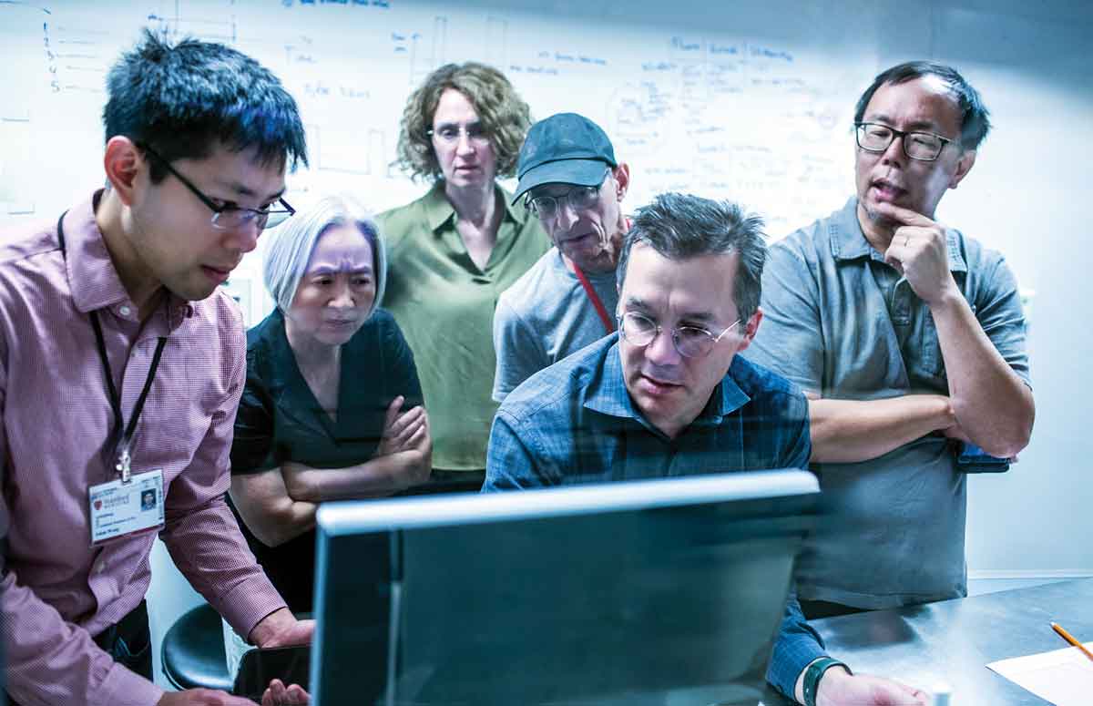 STUDY HALL: MingKwai research collaborators Adam Wang, MS ’08, PhD ’12, Zhaohui Xue, Regan Murphy Kao, Robert Bennett, Mullaney, and Bryant Lin