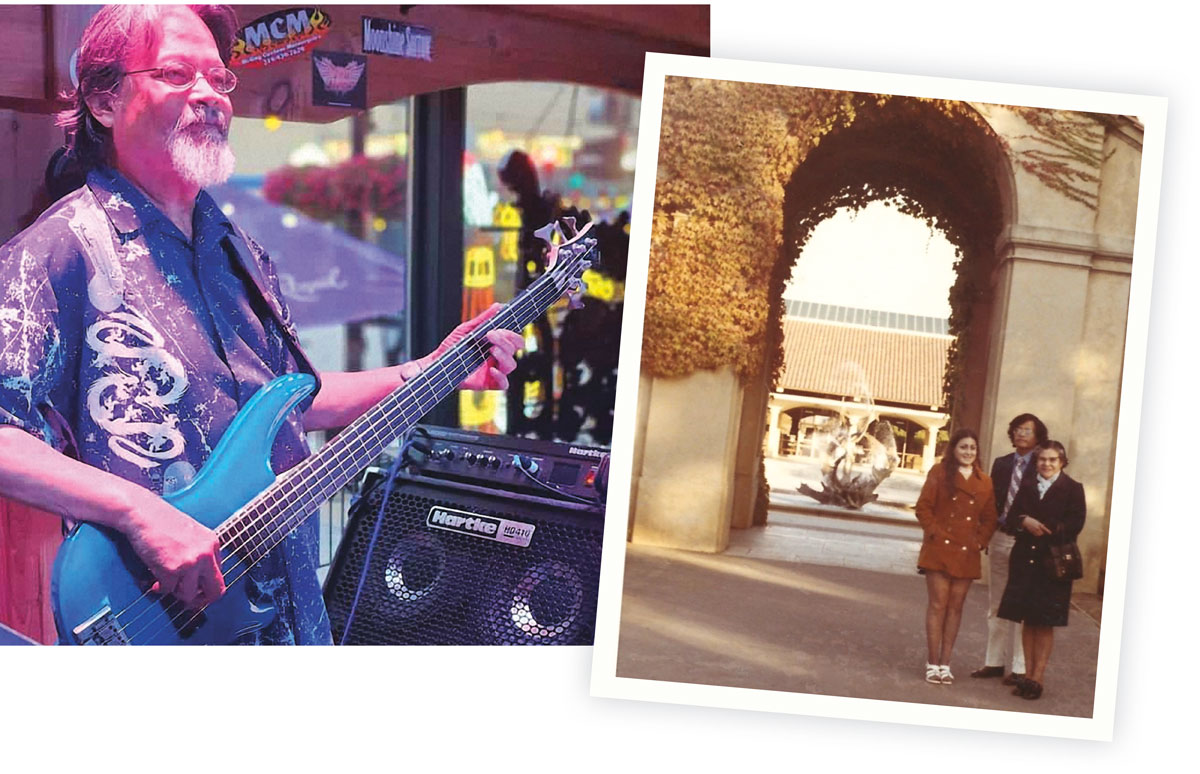 Gotera in White Plaza in the 1970s and playing bass today.