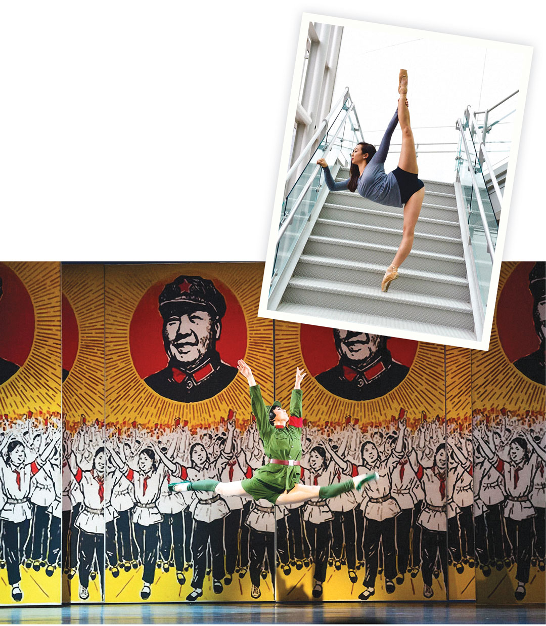 Two photos of Fry dancing, one on stage for M. Butterfly.