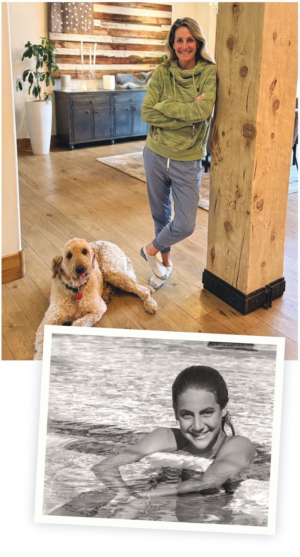Two photos of Sanders: in the pool during her Stanford days and at her home today.