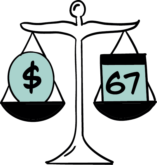 A scale with money on one side and 67 on the other, equally balanced