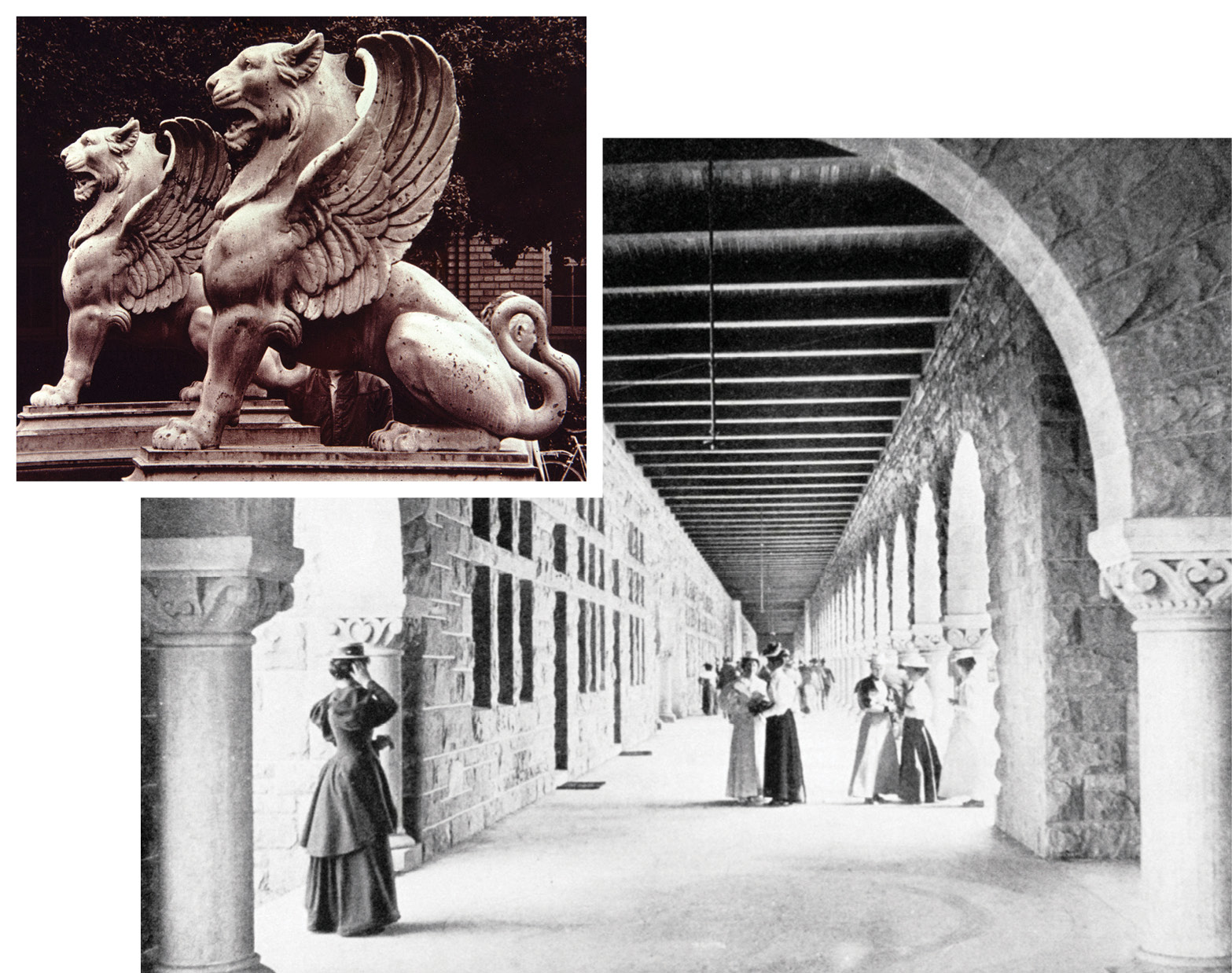 Archive photo of cast-iron griffins and women walking in the quad