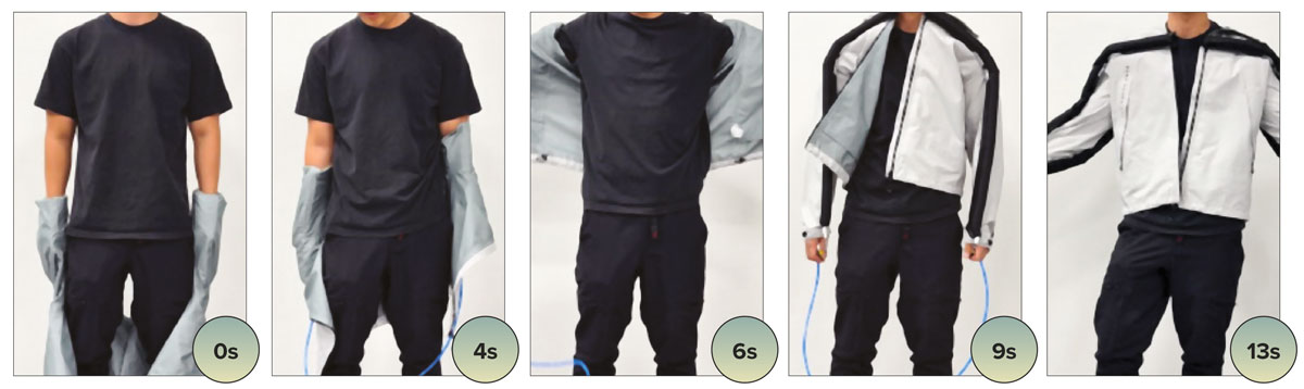 A sequence of photos showing a robotic system helping a person put on a jacket.