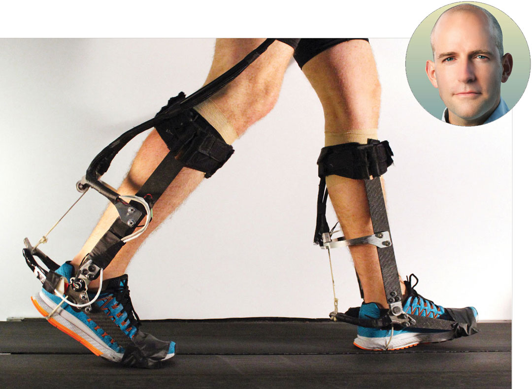 Two photos: An inset portrait of Steve Collins, and a photo of a person wearing the exoskeleton.