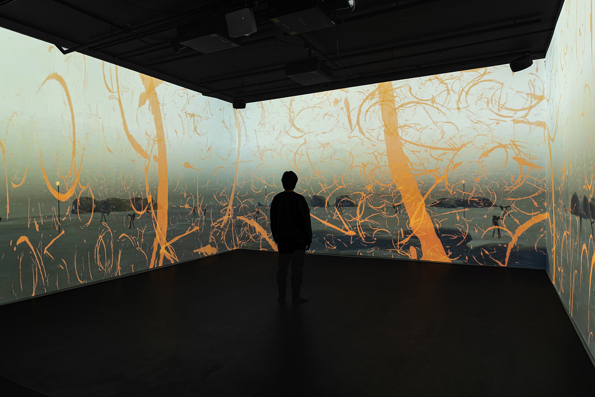 Photo of Atmos Sphaerae with a silhouetted person observing the installation.