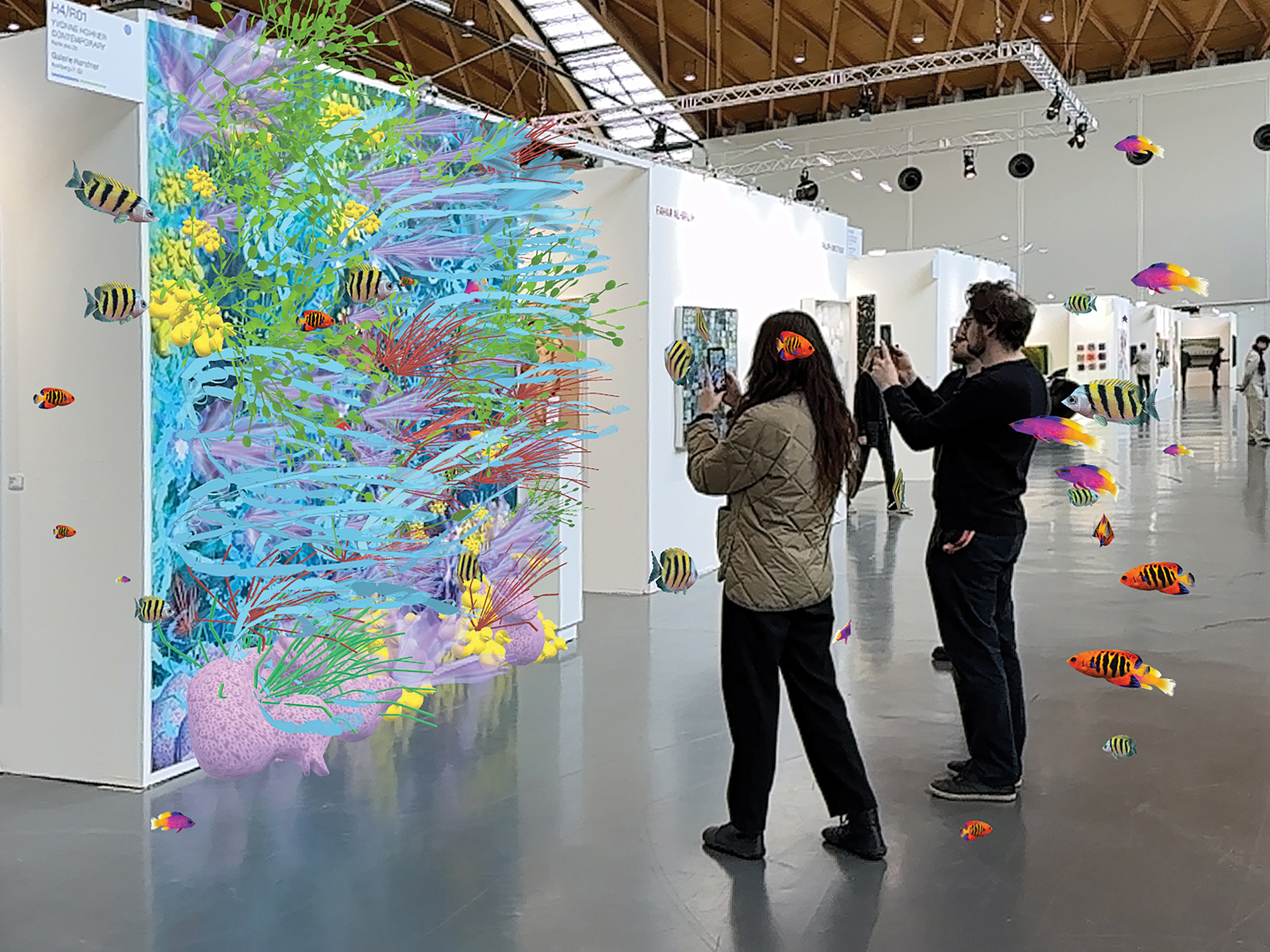 Two people photographing the Plastocene Reef installation.