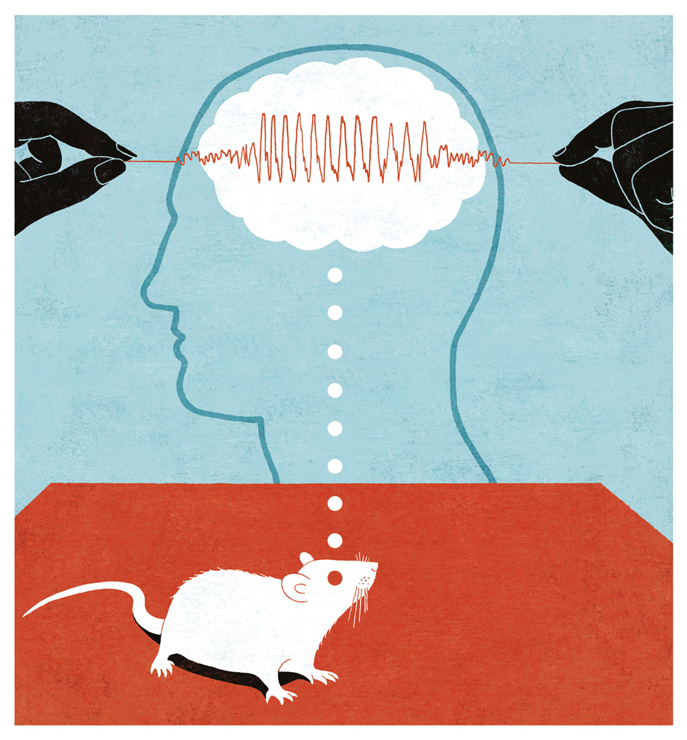 Illustration of a mouse with dots leading from his head to brainwaves in the head of a person