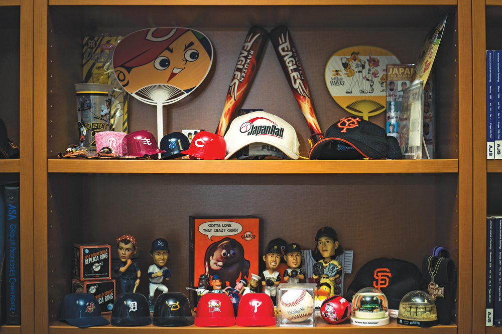 Sports collectibles on a shelf