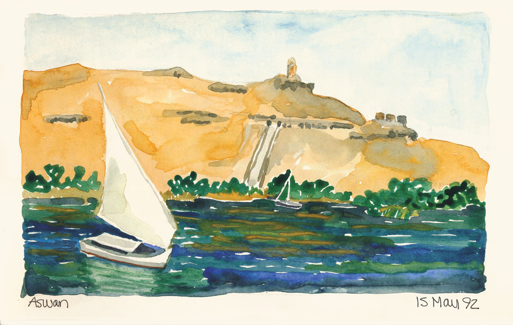 Painting of a sailboat on water with cliffs in the background