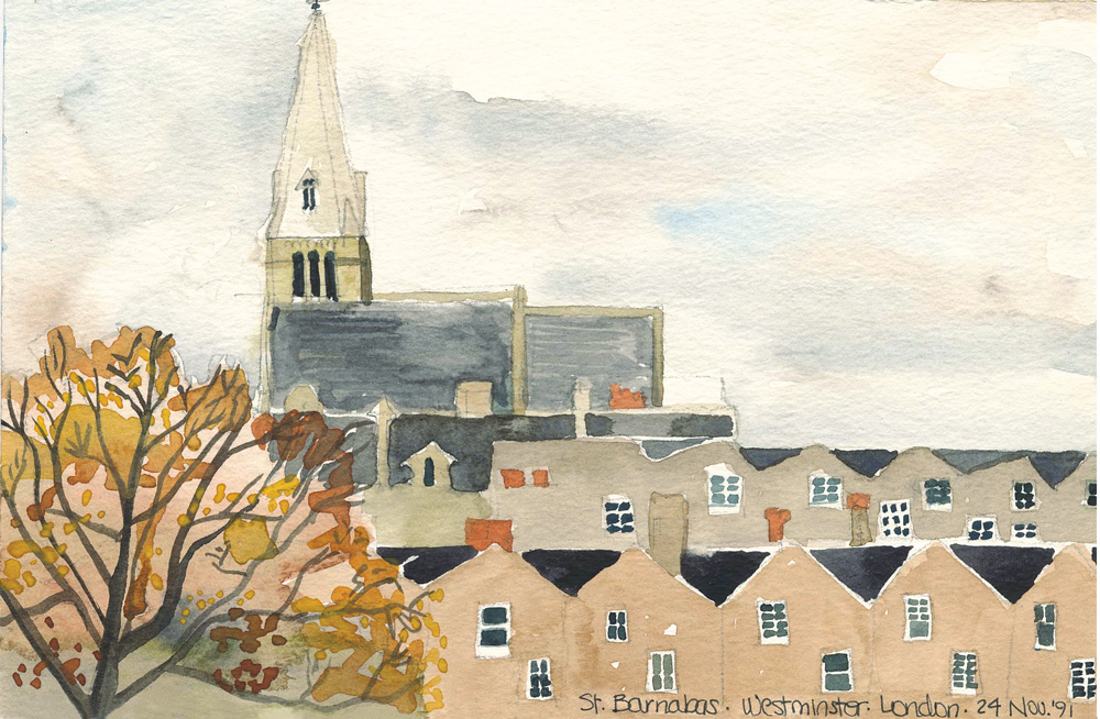 Painting of a church with a tree and houses in the foreground