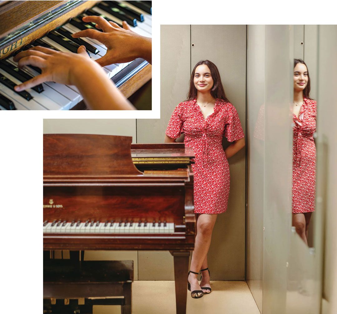 A photo of Alyia's hands at the piano; another photo with her standing by a piano.
