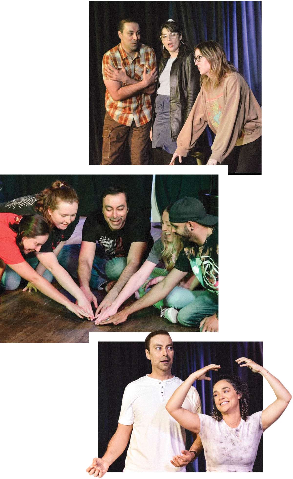 Three photos of Rafin participating in improv activities with fellow performers.