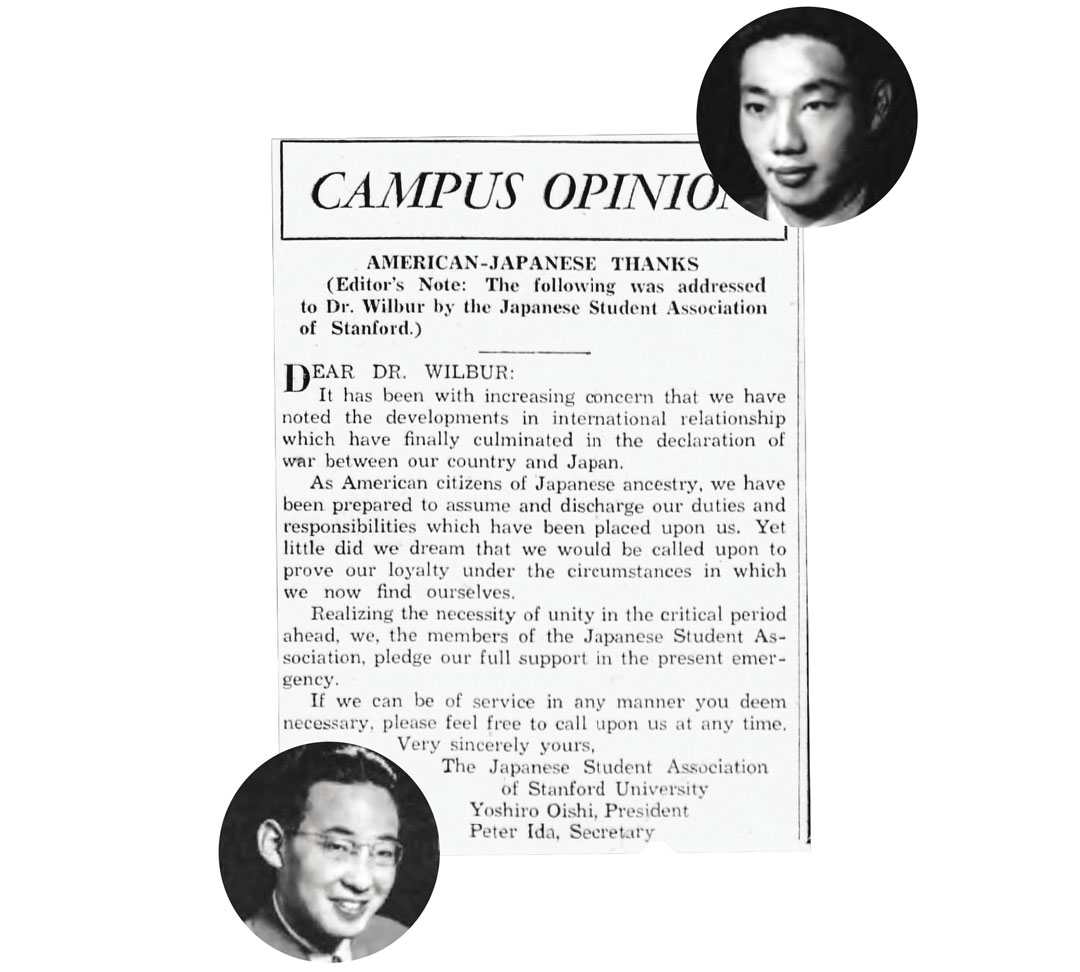 Campus Opinion column featuring a letter from Stanford’s Japanese Student Association pledging support during World War II, accompanied by portraits of student leaders Oishi and Ida.