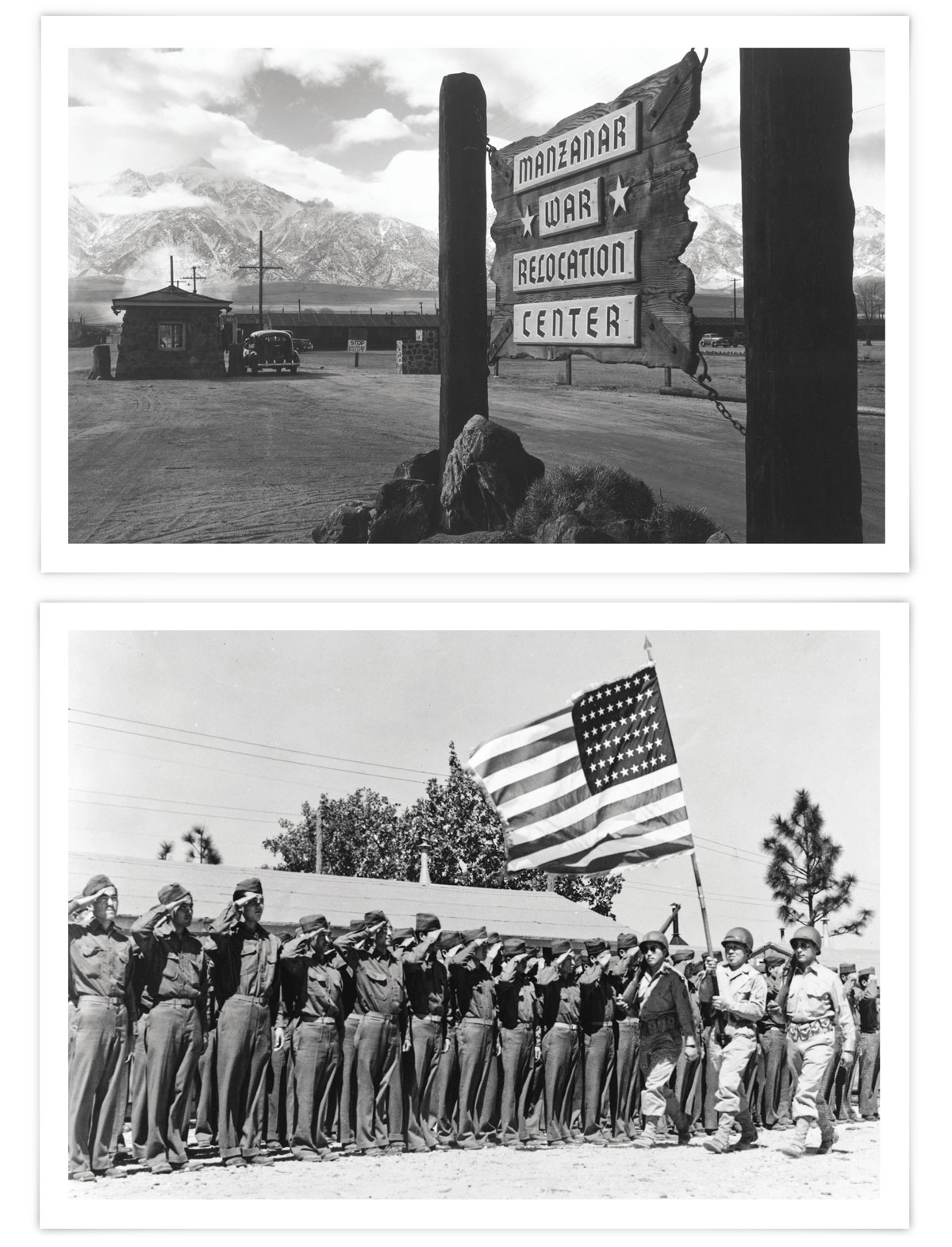 Top image: Entrance sign for the Manzanar War Relocation Center with mountains in the background.  Bottom image: Japanese American soldiers march with a U.S. flag as a line of servicemen salute.
