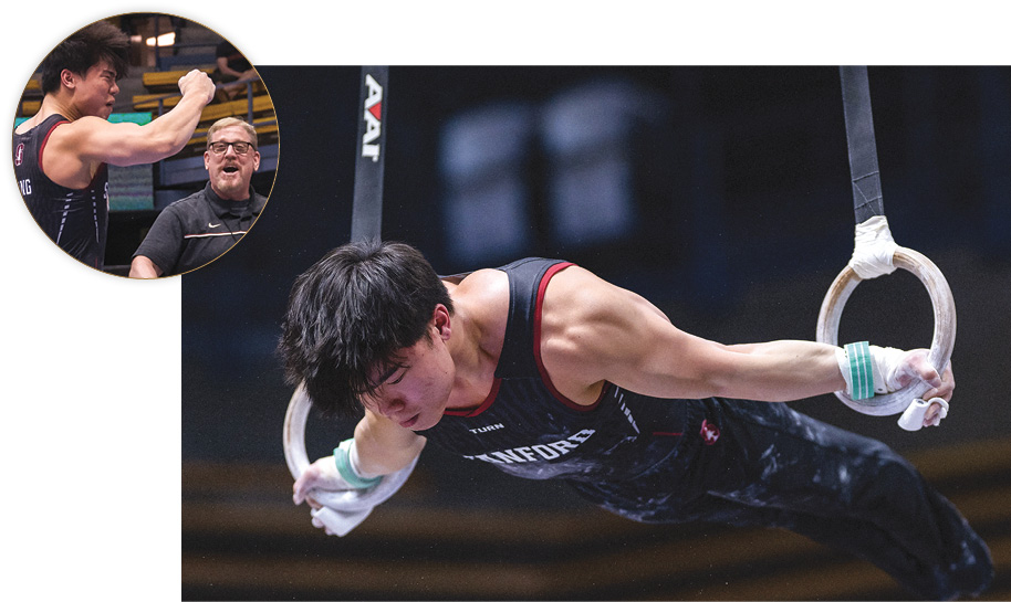 Hong performing on the rings.