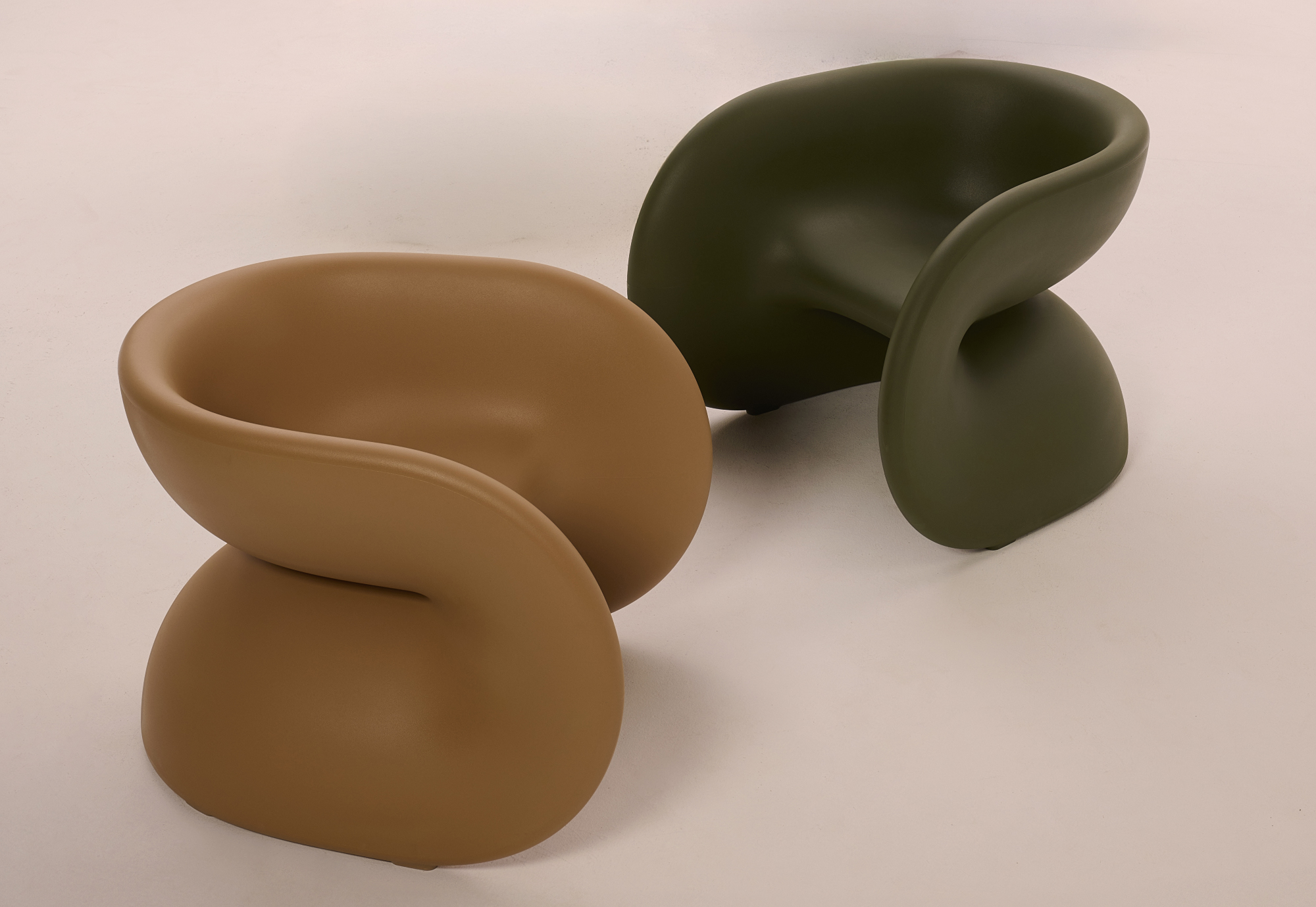 Three photos: The Neotenic Lounge and lamp; the Foldont chair; and the Fortune chair.