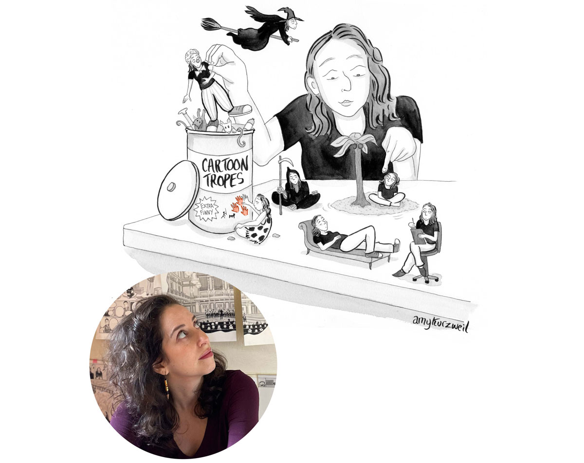 Amy Kurzweil staring a her black-and-white illustration of herself drawing characters from a can labeled “Cartoon Tropes.”