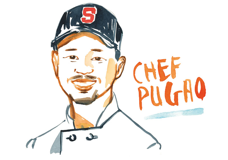 Illustrated portrait of Chef Pulgar wearing a Stanford cap and chef’s coat, with “Chef Pulgar” handwritten beside him.