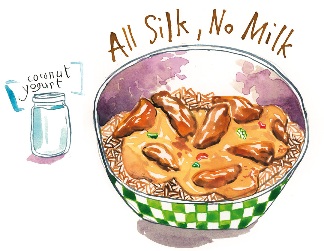 Illustration of a bowl of curry and rice made with coconut yogurt, labeled “All Silk, No Milk.”