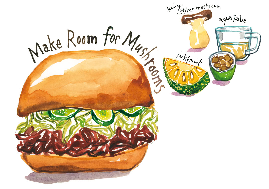 Illustration of a mushroom and jackfruit sandwich labeled “Make Room for Mushrooms,” with king oyster mushroom, aquafaba, and jackfruit ingredients beside it.
