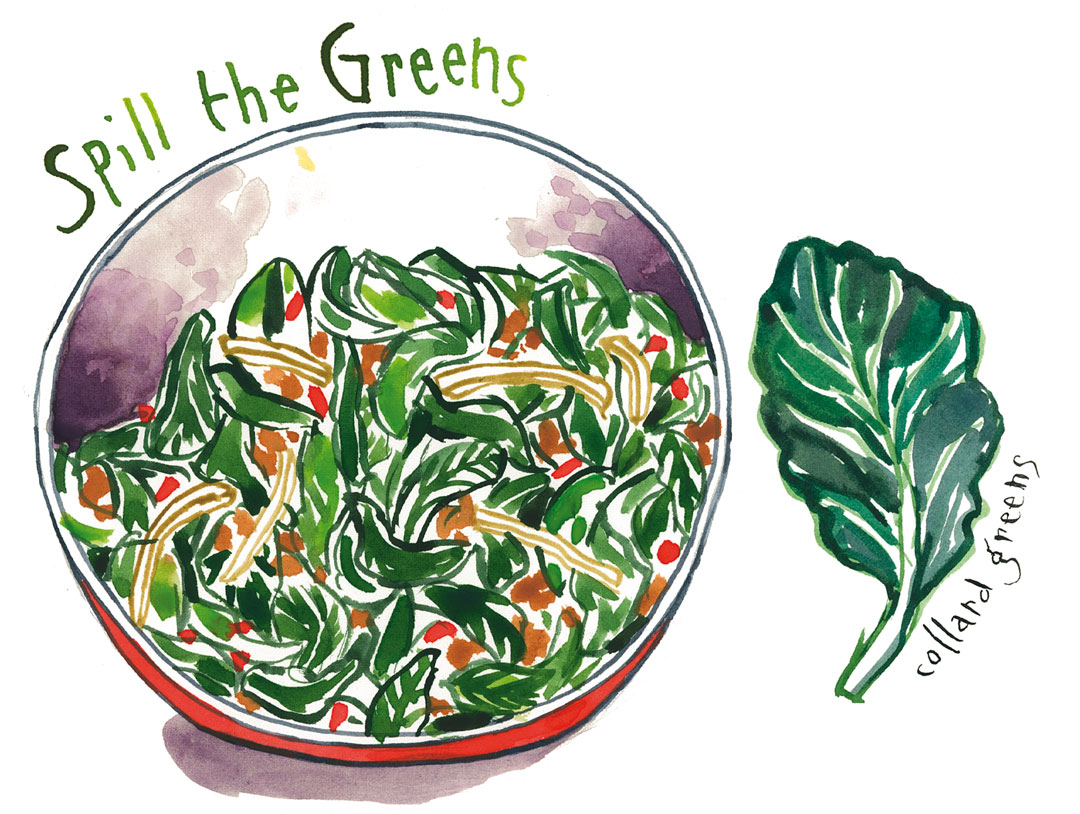 Illustration of a bowl filled with collard greens, with a collard green leaf beside it and the words “Spill the Greens.”