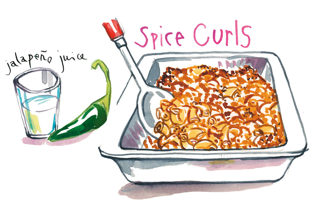 Illustration of a tray of baked pasta labeled “Spice Curls,” with a jalapeño and glass of jalapeño juice beside it.