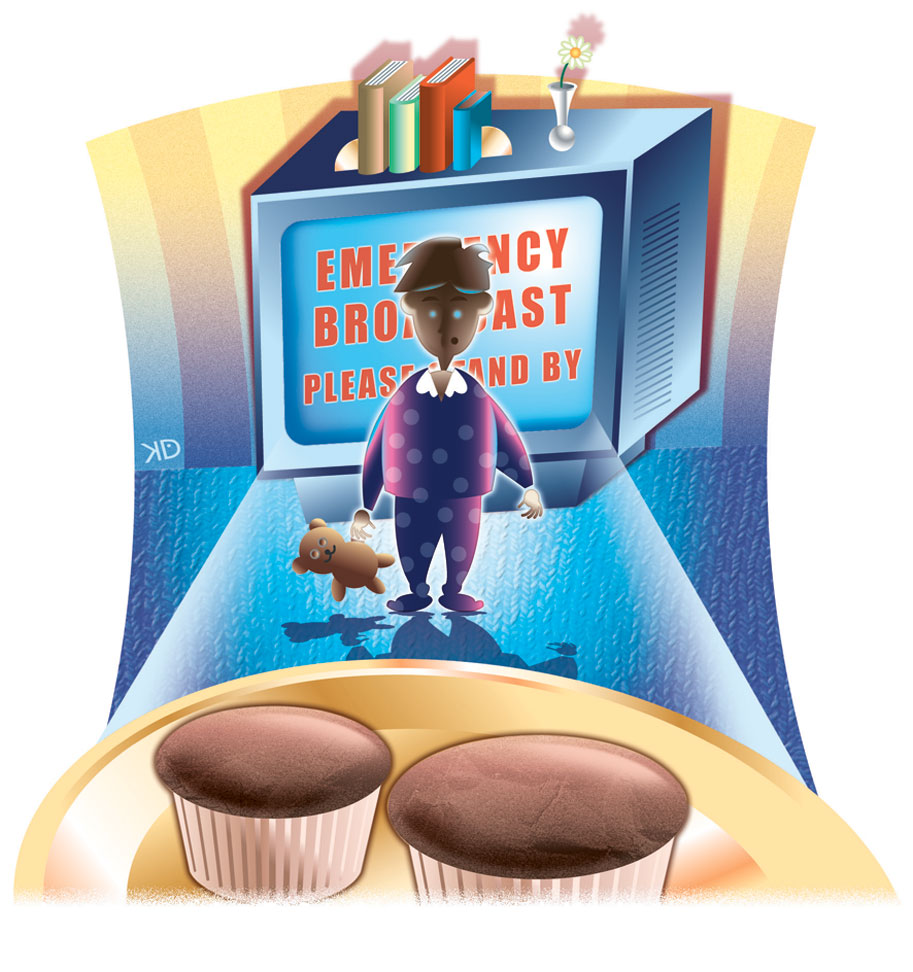 Illustration of a child with a teddy bear standing in front of a TV that says "Emergency Broadcast" and a plate of cupcakes in the foreground