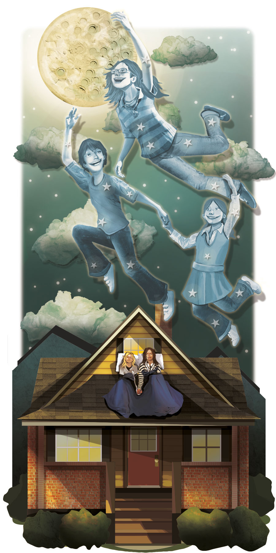 Illustration of a house with two people in bed, and three children floating above the house